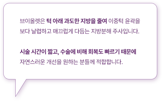 브이올렛은 턱 아래 과도한 지방을 줄여 이중턱 윤곽을 보다 날렵하고 매끄럽게 다듬는 지방분해 주사입니다. 시술 시간이 짧고, 수술에 비해 회복도 빠르기 때문에 자연스러운 개선을 원하는 분들께 적합합니다.