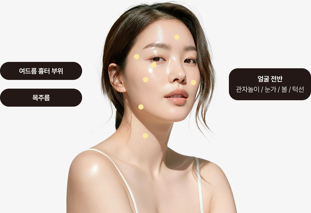여드름 흉터 부위, 목주름, 얼굴 전반 - 관자놀이 / 눈가 / 볼 / 턱선